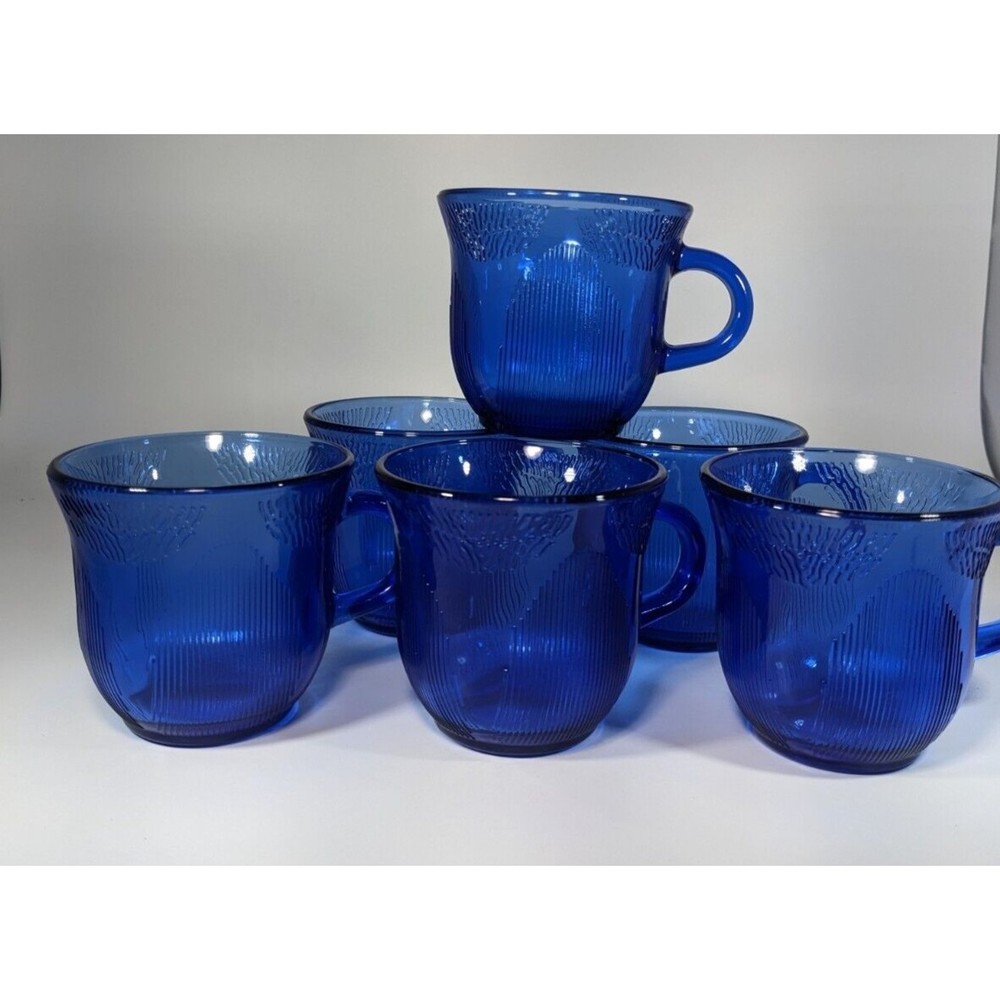 1950s Set of 6 ForteCrisa Mexico Sunflower Design Cobalt Blue Glass Coffee Cups